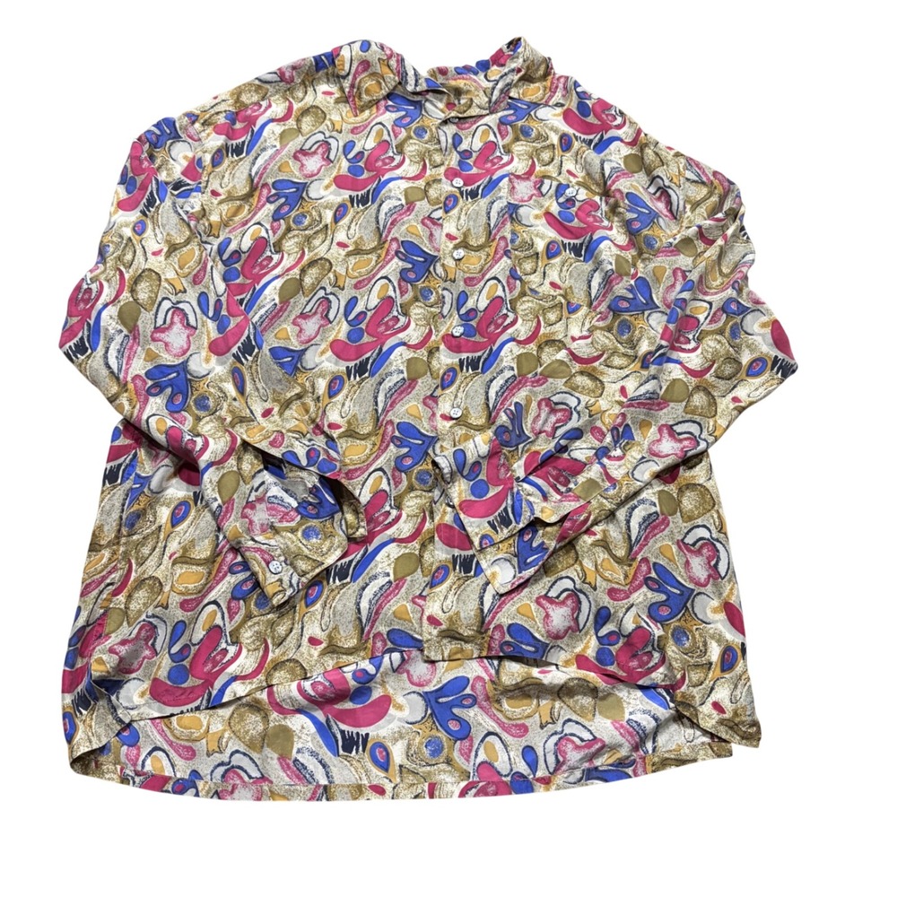 JT Beckett 100% Silk Abstract Print Button Down Shirt Womens Large Vintage Multi